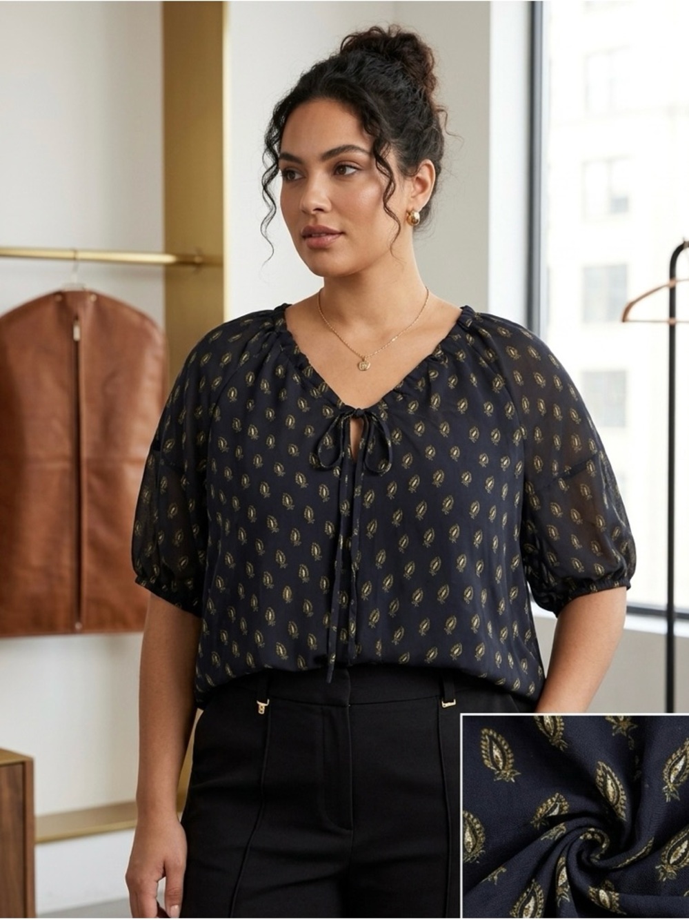 Banana Republic Black & Gold Paisley Print Tie-Neck Blouse‎ - Size XXL